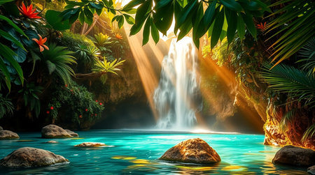 Tropical waterfall in the rainforest. 3d rendering.の写真素材