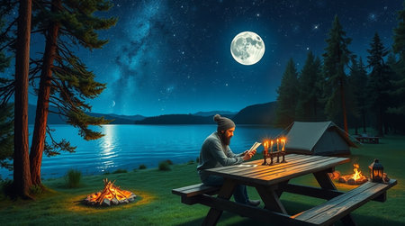 Man reading a book near the campfire on the lake at nightの写真素材
