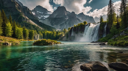 Panoramic view of the waterfall in Italyの写真素材