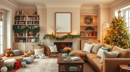 3d render of living room with christmas tree, sofa and bookshelfの写真素材