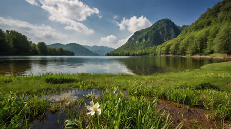 beautiful lake in the mountains in summer with white flowers and green grassの写真素材