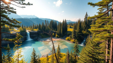 Mountain river in the forest. Panoramic view of the mountains and the river.