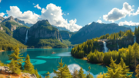 Panoramic view of Lake Braies in Dolomites, Italyの写真素材