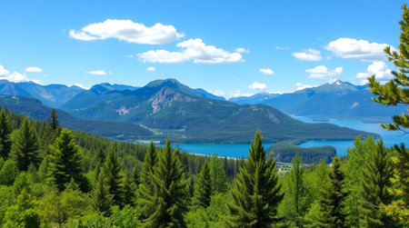 Panoramic view of the lake, mountains and coniferous forest