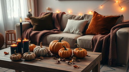 Cozy living room with pumpkins, candles and plaid on tableの写真素材
