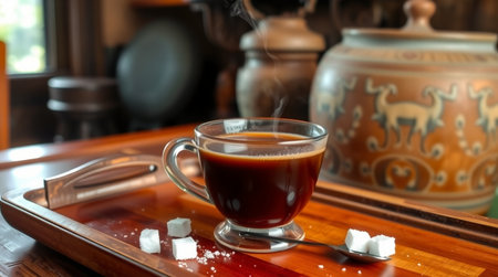 Cup of coffee with sugar and teapot on wooden trayの写真素材