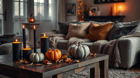 Burning candles in cozy living room with pumpkins and autumn leavesの写真素材