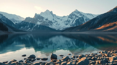Mountains reflected in the lake. Landscape with mountains and sky.