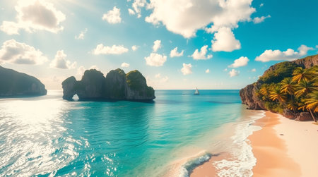 Panoramic aerial view of beautiful tropical beach with white sand, turquoise sea and blue sky with cloudsの写真素材