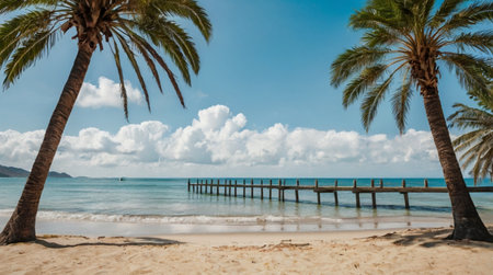 tropical beach with palm trees and wooden jetty in the backgroundの写真素材