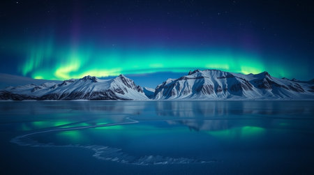 Aurora borealis, northern light over snowy mountains and lakeの写真素材