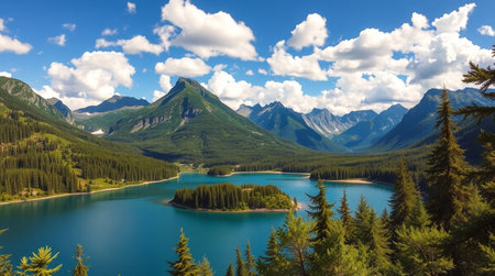 Panoramic view of a mountain lake in the Canadian Rockies.