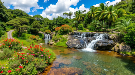 Beautiful view of the small waterfalls in the tropical garden.
