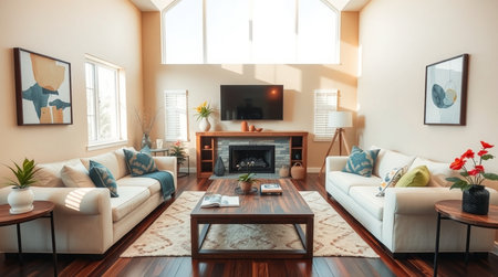 Interior of a living room with a fireplace and a TV set