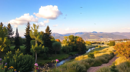 Panoramic view of the mountains and the river in the summerの写真素材