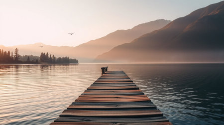 Wooden pier on the lake at sunrise. Lake Wanaka, New Zealandの写真素材