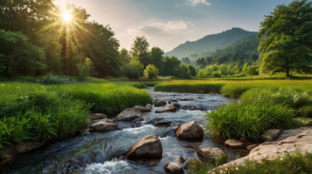 Beautiful landscape of a mountain river and green forest at sunset.