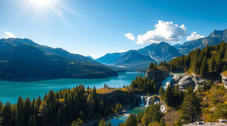 Panoramic view of the turquoise alpine lake with snow-capped mountains and blue skyの写真素材