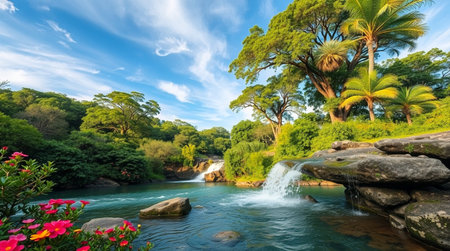 Waterfall in a tropical forest. Panorama of a waterfall in a tropical forest.