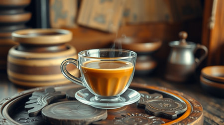 Cup of coffee on a wooden table. 3d rendering.の写真素材