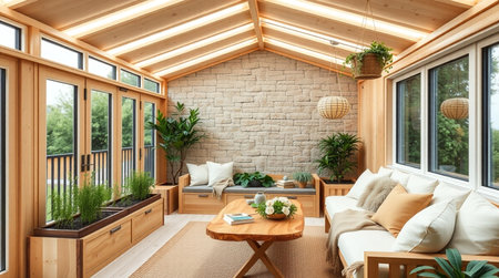 Interior of modern house, living room with terrace and sofaの写真素材
