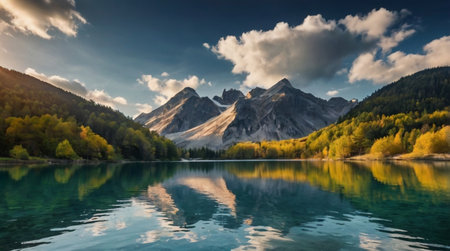 Beautiful alpine lake in the mountains at sunset, Italy.
