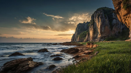 Beautiful landscape of the sea and rock at sunset time, Thailandの写真素材