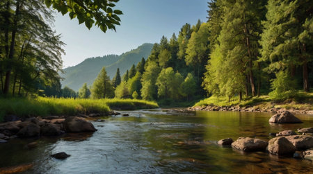Beautiful landscape with a mountain river in the middle of the forestの写真素材