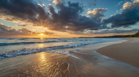 Beautiful sunset on the beach. Beautiful sky with clouds over the seaの写真素材