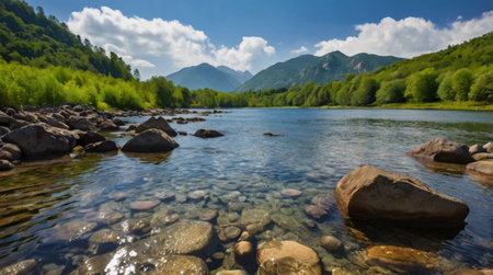 Mountain river in the summer. Landscape with a mountain river.