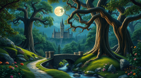 Fantasy landscape with castle and castle in the forest at full moonの写真素材