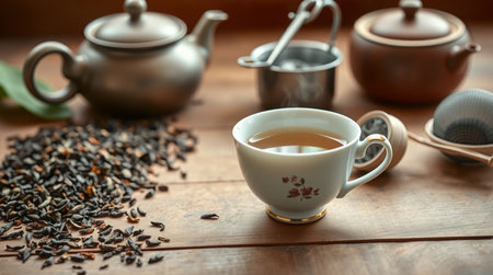 tea cup and teapot on wooden table, stock photoの写真素材