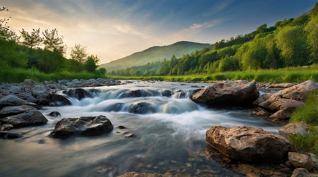 Beautiful mountain landscape with a river in the mountains. Long exposureの写真素材