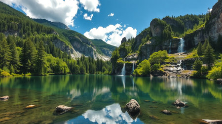 Beautiful alpine lake with clear water and mountains in the backgroundの写真素材