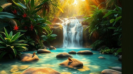 Beautiful waterfall in tropical jungle. 3d rendering. Computer digital drawing.の写真素材