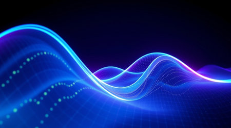 3d render, abstract digital background, blue and violet wave lines, sound wave