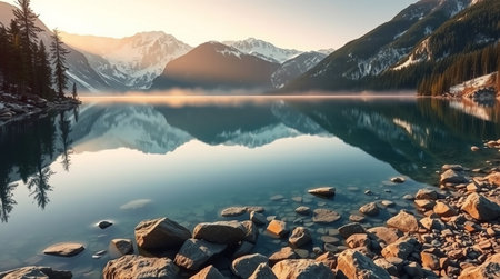 Mountain lake with reflection of snow-capped mountains in the morningの写真素材