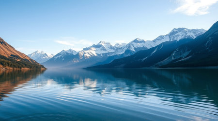 Mountains reflected in Lake Wakatipu, Queenstown, New Zealandの写真素材