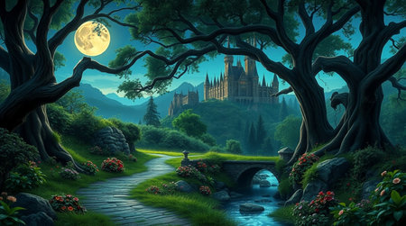 Fantasy landscape with castle in the forest at night. 3D renderingの写真素材