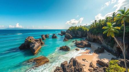 Panoramic view of the beach on the islandの写真素材