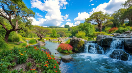 Panoramic view of beautiful landscaped garden with pond and waterfall