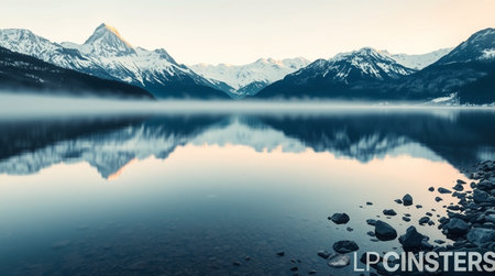 Panoramic view of alpine lake with snow-capped mountains reflected in calm waterの写真素材