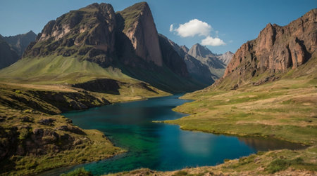 Panoramic view of turquoise lake in the mountains.の写真素材