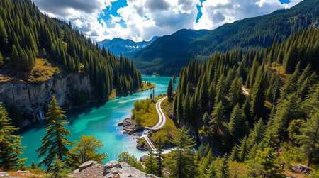 Panoramic view of the turquoise lake in the mountainsの写真素材
