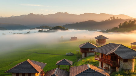Rice terraces in the morning with fog and mountain background.の写真素材