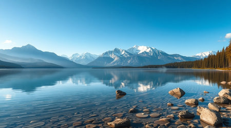 Mountain lake with clear water and reflection of mountains in the waterの写真素材