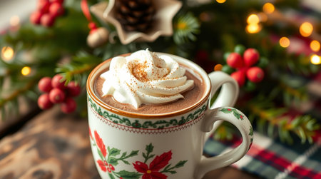 Cup of hot chocolate with whipped cream and christmas decoration on wooden table
