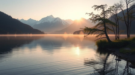 Sunrise at the lake with mountains in the backgroundの写真素材