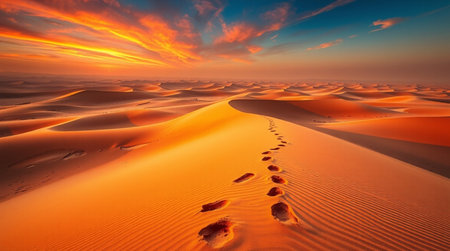 Footprints in the sand dunes of the Sahara desert, Moroccoの写真素材