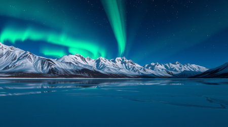 Aurora borealis, northern lights over snowy mountains and frozen lakeの写真素材